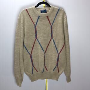 Arrow Blazer Vintage Acrylic Sweater Cream w/‎ Red & Blue Pattern Size L